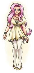 Size: 889x1900 | Tagged: safe, artist:king-kakapo, imported from derpibooru, fluttershy, human, beautiful, blushing, clothes, dress, female, humanized, jewelry, looking at you, necklace, shoes, socks, solo, thigh highs