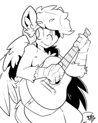 Size: 1200x1500 | Tagged: safe, artist:bbsartboutique, imported from derpibooru, oc, oc only, oc:skysail, hippogriff, chest fluff, ear fluff, guitar, male, smiling, solo, wings