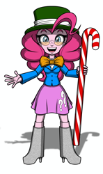 Size: 572x967 | Tagged: safe, artist:pedantczepialski, imported from derpibooru, part of a set, pinkie pie, equestria girls, alternate universe, candy, candy cane, clothes, doll, eqg:tps minis, equestria girls minis, equestria girls: the parody series, female, hat, looking at you, simple background, smiling, solo, top hat, toy, white background