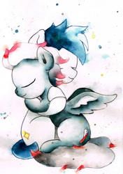 Size: 1600x2275 | Tagged: safe, artist:mashiromiku, artist:shiinadrawmiku, imported from derpibooru, pegasus, pony, commission, eyes closed, hug, traditional art, watercolor painting