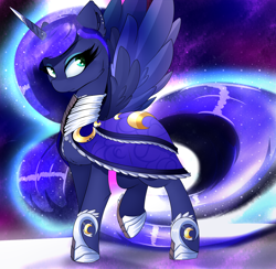 Size: 1950x1900 | Tagged: safe, artist:madacon, imported from derpibooru, princess luna, alicorn, pony, clothes, dress, female, guardian, looking at you, mare, solo