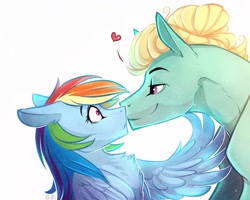 Size: 1280x1023 | Tagged: dead source, safe, artist:green brush, imported from derpibooru, rainbow dash, zephyr breeze, pegasus, pony, chest fluff, cute, ear fluff, female, heart, male, mare, profile, shipping, shocked, simple background, smiling, solo, stallion, straight, white background, zephdash