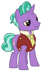 Size: 1761x2984 | Tagged: safe, artist:sonofaskywalker, imported from derpibooru, firelight, pony, unicorn, the parent map, clothes, male, simple background, smiling, solo, stallion, transparent background, vector, vest