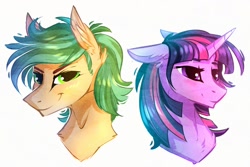 Size: 1280x854 | Tagged: safe, artist:green brush, imported from derpibooru, twilight sparkle, oc, pony, bust, duo, ear fluff, female, male, mare, simple background, smiling, stallion, white background