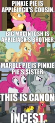 Size: 1280x2842 | Tagged: safe, edit, edited screencap, imported from derpibooru, screencap, applejack, big mcintosh, marble pie, pinkie pie, earth pony, pony, applebuck season, hearthbreakers, pinkie apple pie, butt, canon, caption, comic, cousins, downvote bait, female, fire, hilarious in hindsight, image macro, implied incest, male, marblemac, mare, meme, plot, shipping, siblings, slowpoke, stallion, straight