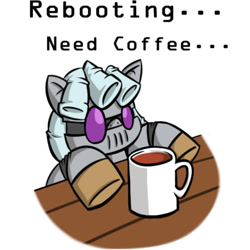 Size: 650x650 | Tagged: safe, artist:greenfinger, artist:parassaux, imported from derpibooru, oc, oc:turing test, robot, fanfic:the iron horse: everything's better with robots, coffee, mug, one eye closed, waitress, wink