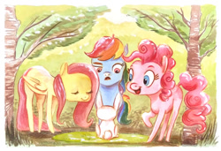 Size: 1200x819 | Tagged: safe, artist:maltese101, imported from derpibooru, fluttershy, pinkie pie, rainbow dash, earth pony, pegasus, pony, rabbit, female, forest, looking at something, mare, traditional art, trio, varying degrees of amusement