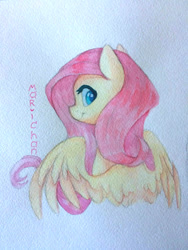 Size: 810x1080 | Tagged: safe, artist:i-just-mari, imported from derpibooru, fluttershy, pegasus, pony, bust, female, looking at you, looking sideways, mare, portrait, smiling, solo, spread wings, traditional art, wings
