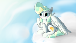 Size: 2560x1440 | Tagged: safe, artist:lunar froxy, imported from derpibooru, vapor trail, pony, blushing, cloud, eye clipping through hair, female, mare, sitting, sky, solo