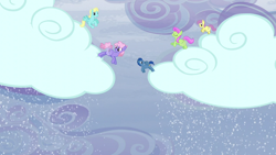 Size: 1280x720 | Tagged: safe, imported from derpibooru, screencap, dewdrop, merry may, ocean rainbow, parasol, rainbowshine, pegasus, pony, tanks for the memories, background pony, cloud, cloudy, female, flying, i'll fly, male, mare, sky, snow, stallion