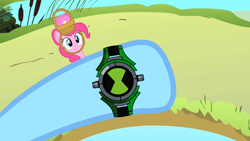 Size: 1280x720 | Tagged: safe, edit, edited screencap, imported from derpibooru, screencap, pinkie pie, rainbow dash, earth pony, pegasus, pony, party of one, ben 10, ben 10 alien force, female, mare, omnitrix, watch