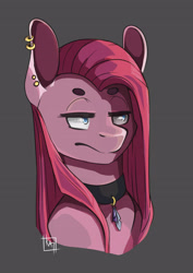 Size: 2894x4093 | Tagged: safe, artist:cluelesstuna, imported from derpibooru, pinkie pie, earth pony, pony, bust, choker, ear piercing, female, mare, piercing, pinkamena diane pie, portrait, simple background, solo