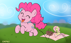 Size: 1000x600 | Tagged: safe, artist:empyu, imported from derpibooru, fluttershy, pinkie pie, earth pony, pegasus, pony, cute, diapinkes, duo, female, happy, mare, picnic