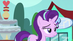 Size: 1170x658 | Tagged: safe, imported from derpibooru, screencap, starlight glimmer, unicorn, the parent map, cropped, discovery family logo, female, fountain, mare, sire's hollow, starlight glimmer is not amused, starlight is not amused, unamused