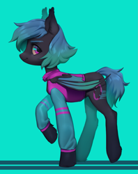 Size: 1057x1335 | Tagged: safe, artist:aphphphphp, imported from derpibooru, oc, oc only, oc:moondrive, bat pony, pony, bat pony oc, clothes, female, green background, looking back, mare, simple background, solo