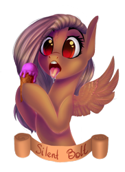 Size: 1024x1406 | Tagged: dead source, safe, artist:freckleplant, imported from derpibooru, oc, oc only, oc:silent bell, pegasus, pony, drool, eye clipping through hair, female, food, ice cream, mare, simple background, solo, tongue out, transparent background