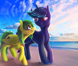 Size: 1023x866 | Tagged: dead source, safe, artist:freckleplant, imported from derpibooru, oc, oc only, pegasus, pony, unicorn, beach, duo, female, male, mare, stallion