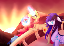 Size: 5150x3700 | Tagged: safe, artist:honeybbear, imported from derpibooru, oc, oc only, oc:cyan crystal, oc:sun shard, pegasus, pony, unicorn, balcony, coffee, female, floppy ears, horn, magic, mare, pegasus oc, sunrise, unicorn oc, wings