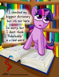 Size: 720x928 | Tagged: safe, artist:texasuberalles, imported from derpibooru, twilight sparkle, pony, unicorn, adorkable, book, bookhorse, cute, dictionary, dork, female, filly, filly twilight sparkle, frown, hilarious in hindsight, impossibly large book, library, looking up, open mouth, reality ensues, solo, talking, that pony sure does love books, twiabetes, younger