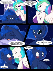 Size: 1480x1972 | Tagged: safe, artist:suirano, imported from derpibooru, princess celestia, princess luna, alicorn, anthro, unguligrade anthro, comic:lunar love, big breasts, blushing, breasts, busty princess celestia, busty princess luna, cleavage, comic, female, huge breasts, incest, kiss on the lips, kissing, lesbian, night, princest, shipping