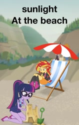 Size: 920x1458 | Tagged: safe, editor:php77, imported from derpibooru, drama letter, sci-twi, sunset shimmer, twilight sparkle, valhallen, watermelody, equestria girls, equestria girls series, x marks the spot, beach chair, blurred background, blurry background, book, boots, chair, clothes, deck chair, geode of telekinesis, glasses, magical geodes, ponytail, sand castle, sandals, sandcastle, shoes, shovel, swimsuit, umbrella