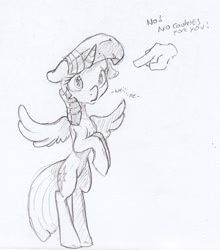 Size: 1354x1540 | Tagged: safe, artist:dilarus, deleted from derpibooru, imported from derpibooru, twilight sparkle, alicorn, pony, cute, dialogue, disembodied hand, evil, hand, pure unfiltered evil, rearing, traditional art, twiabetes, twilight sparkle (alicorn)