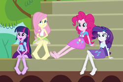 Size: 1160x771 | Tagged: safe, edit, edited screencap, editor:grapefruitface, imported from derpibooru, screencap, fluttershy, pinkie pie, rarity, twilight sparkle, equestria girls, equestria girls (movie), barefoot, barefooting, feet, group, group photo, sitting