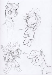 Size: 1659x2364 | Tagged: safe, artist:dilarus, deleted from derpibooru, imported from derpibooru, oc, oc only, oc:bass (dilarus), oc:beat (dilarus), oc:melody (dilarus), earth pony, pegasus, pony, unicorn, :p, band, black and white, fart and the butts, female, grayscale, mare, monochrome, open mouth, raspberry, silly, tongue out, traditional art