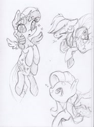 Size: 1697x2292 | Tagged: safe, artist:dilarus, deleted from derpibooru, imported from derpibooru, fluttershy, rainbow dash, twilight sparkle, alicorn, pegasus, pony, female, flying, heart, mare, monochrome, pencil drawing, sparkles, traditional art, trio, twilight sparkle (alicorn)