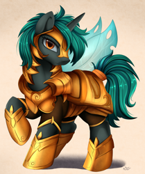 Size: 2850x3409 | Tagged: safe, artist:pridark, imported from derpibooru, oc, oc only, pony, unicorn, armor, commission, guardian, male, signature, simple background, solo, wings