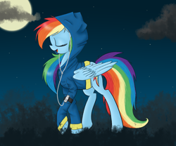 Size: 1200x1000 | Tagged: safe, artist:yourfavoritelove, imported from derpibooru, rainbow dash, pegasus, pony, clothes, earbuds, eyes closed, female, full moon, hoodie, ipod, listening, mare, moon, music, night, open mouth, raised hoof, singing, solo, stars, walking