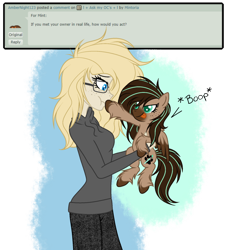 Size: 1024x1120 | Tagged: safe, artist:mintoria, imported from derpibooru, oc, oc only, oc:dusty, oc:mint, human, pegasus, pony, ask, boop, clothes, deviantart, female, human female, humanized, mare, simple background, tongue out, transparent background, unshorn fetlocks