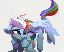 Size: 2719x2194 | Tagged: safe, artist:magnaluna, imported from derpibooru, fleetfoot, rainbow dash, pegasus, pony, blushing, cheek kiss, clothes, commissioner:fleetfoot, cuddling, cute, dashabetes, eyes closed, female, fleetdash, flying, folded wings, gift art, jacket, kiss on the cheek, kissing, lesbian, magnaluna is trying to murder us, mare, one eye closed, shipping, simple background, warmup suit, white background