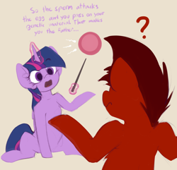 Size: 1532x1476 | Tagged: safe, artist:marsminer, imported from derpibooru, twilight sparkle, oc, oc:mars miner, alicorn, earth pony, pony, an egg being attacked by sperm, confused, educational, egg cell, female, impregnation, male, mare, purple smart, sex education, simple background, sitting, spermatozoon, stallion, twilight sparkle (alicorn)