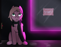 Size: 1300x1000 | Tagged: safe, artist:lazerblues, imported from derpibooru, oc, oc only, oc:connie amore, pony, clothes, neon, rain, scarf, solo