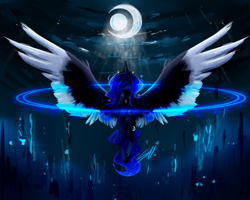 Size: 2500x2000 | Tagged: safe, artist:sileentdo, imported from derpibooru, princess luna, alicorn, pony, colored wings, colored wingtips, crown, eyes closed, female, jewelry, mare, moon, night, regalia, solo, spread wings, wings