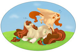 Size: 2416x1641 | Tagged: safe, artist:ganashiashaka, imported from derpibooru, oc, oc only, oc:ambrosia apple, oc:meadow honey, earth pony, pegasus, pony, female, filly, half-siblings, magical lesbian spawn, mare, offspring, parent:applejack, parent:coloratura, parent:soarin', parents:rarajack, parents:soarinjack, prone, simple background, transparent background