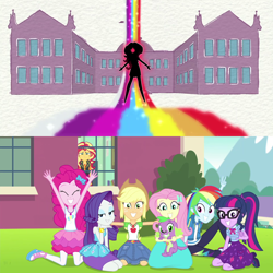 Size: 1920x1920 | Tagged: safe, deleted from derpibooru, imported from derpibooru, screencap, applejack, fluttershy, pinkie pie, rainbow dash, rarity, sci-twi, spike, spike the regular dog, sunset shimmer, twilight sparkle, dog, equestria girls, equestria girls series, forgotten friendship, canterlot high, clothes, humane five, humane seven, humane six, intro, mane six, pantyhose, pointy people, sad, selfie, smiling