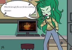 Size: 2893x2039 | Tagged: safe, artist:pony4koma, imported from derpibooru, wallflower blush, equestria girls, america (band), battle of the bands, blushing, embarrassed, exploitable meme, invisible, lyrics, meme, microphone, singing, song, song reference, text, the last unicorn