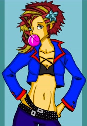 Size: 6000x8614 | Tagged: safe, artist:takrontoxicity, imported from derpibooru, sunset shimmer, equestria girls, absurd resolution, alternate hairstyle, belly button, belt, breasts, bubblegum, cleavage, clothes, female, food, gum, jacket, looking at you, midriff, open jacket, pants, solo