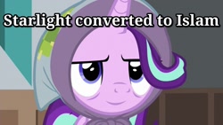 Size: 1440x810 | Tagged: safe, edit, edited screencap, imported from derpibooru, screencap, starlight glimmer, the parent map, blanket, clothes, cute, happy, headscarf, inverted mouth, islam, muslim starlight, op is a duck, scarf, text