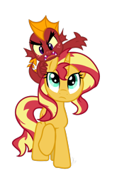 Size: 800x1214 | Tagged: safe, artist:emositecc, imported from derpibooru, garble, sunset shimmer, dragon, pony, unicorn, alternate universe, dragons riding ponies, duo, female, garble riding sunset shimmer, male, mare, riding, simple background, transparent background