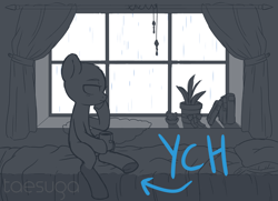 Size: 2710x1959 | Tagged: safe, artist:hawthornss, imported from derpibooru, pony, commission, food, monochrome, mug, solo, tea, text, underhoof, window, your character here