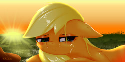 Size: 6400x3200 | Tagged: safe, artist:darksly, imported from derpibooru, applejack, pony, cowboy hat, crying, female, hat, mare, sad, stetson, sun, tree
