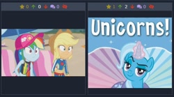 Size: 486x271 | Tagged: safe, imported from derpibooru, applejack, rainbow dash, trixie, derpibooru, equestria girls, equestria girls series, lost and found, apple, clothes, cowboy hat, food, freckles, geode of super speed, geode of super strength, hat, juxtaposition, juxtaposition win, magical geodes, meme, meta, swimsuit
