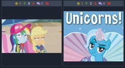 Size: 489x267 | Tagged: safe, imported from derpibooru, applejack, rainbow dash, trixie, derpibooru, equestria girls, equestria girls series, lost and found, apple, bedroom eyes, clothes, cowboy hat, crossed arms, food, freckles, geode of super speed, geode of super strength, hat, juxtaposition, juxtaposition win, magical geodes, meme, meta, swimsuit, unimpressed