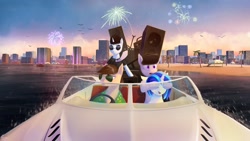 Size: 2560x1440 | Tagged: safe, artist:quvr, imported from derpibooru, dance fever, dj pon-3, neon lights, octavia melody, rising star, vinyl scratch, earth pony, pony, unicorn, beach, boat, city, female, fireworks, male, sunglasses