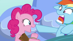 Size: 1280x720 | Tagged: safe, imported from derpibooru, screencap, pinkie pie, rainbow dash, secrets and pies, bed, bell, cowbell, faic, morning ponies, out of context, pillow, rainbow dash is best facemaker, sheet, smiling, startled