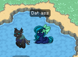 Size: 1009x736 | Tagged: safe, imported from derpibooru, oc, oc:midnight mist, changeling, pegasus, pony, pony town, dat ass, dat butt, flying, lake, lying down, meme, water