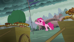 Size: 1280x720 | Tagged: safe, imported from derpibooru, screencap, pinkie pie, earth pony, pony, secrets and pies, bridge, cart, cloud, female, flag, mare, overcast, pies, ponyville, raised hoof, roleplay in the comments, screaming, solo, tree, yelling